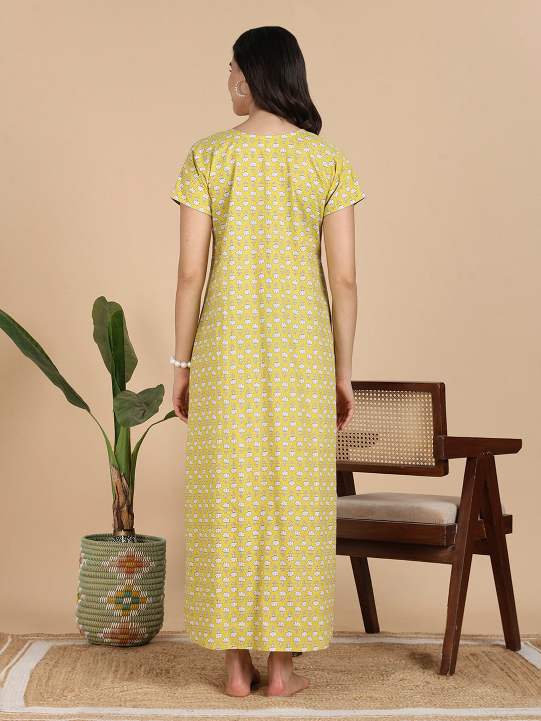 Mustard Yellow Floral Print Pure Cotton Nighty For Women