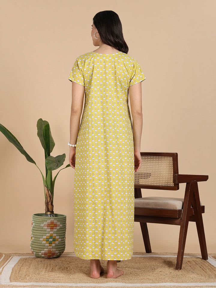 Mustard Yellow Floral Print Pure Cotton Nighty For Women