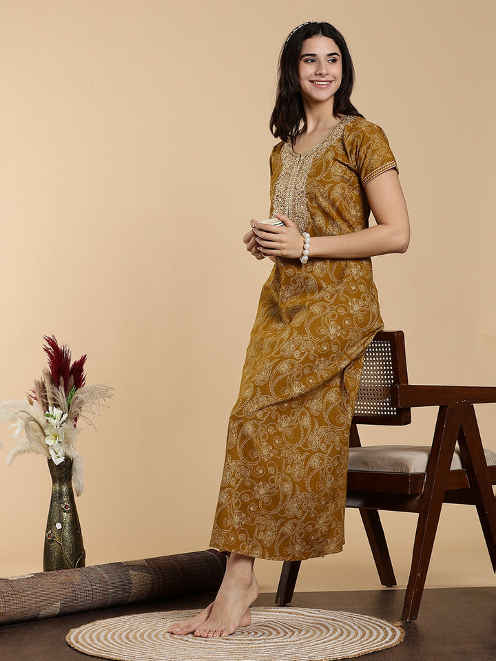 Sunlit Mustard Yellow Jaipuri Premium Cotton Womens Nighty