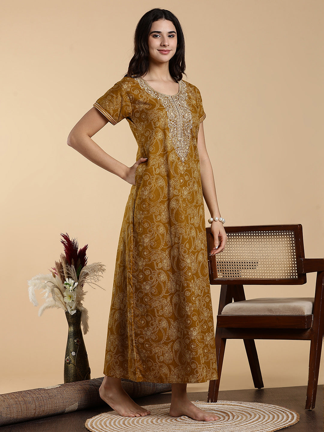 Sunlit Mustard Yellow Jaipuri Premium Cotton Womens Nighty