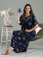 Navy Blue Alpine Designer Nighty for Women with Embroidered Neck
