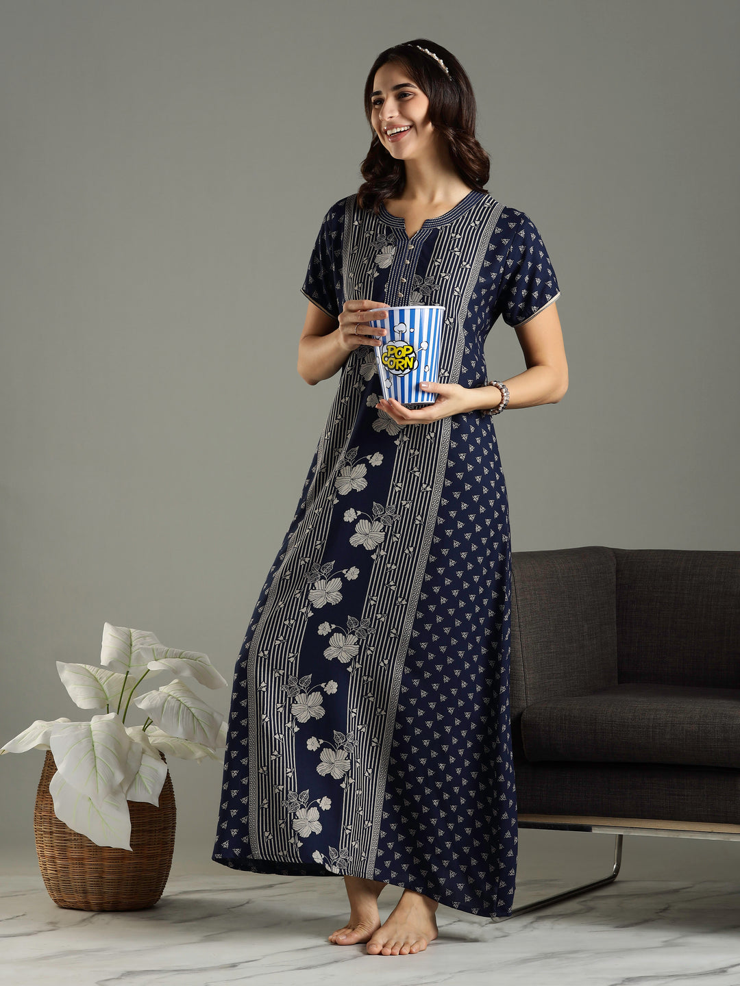 Navy Blue Floral Printed Alpine Designer Nighty for Women