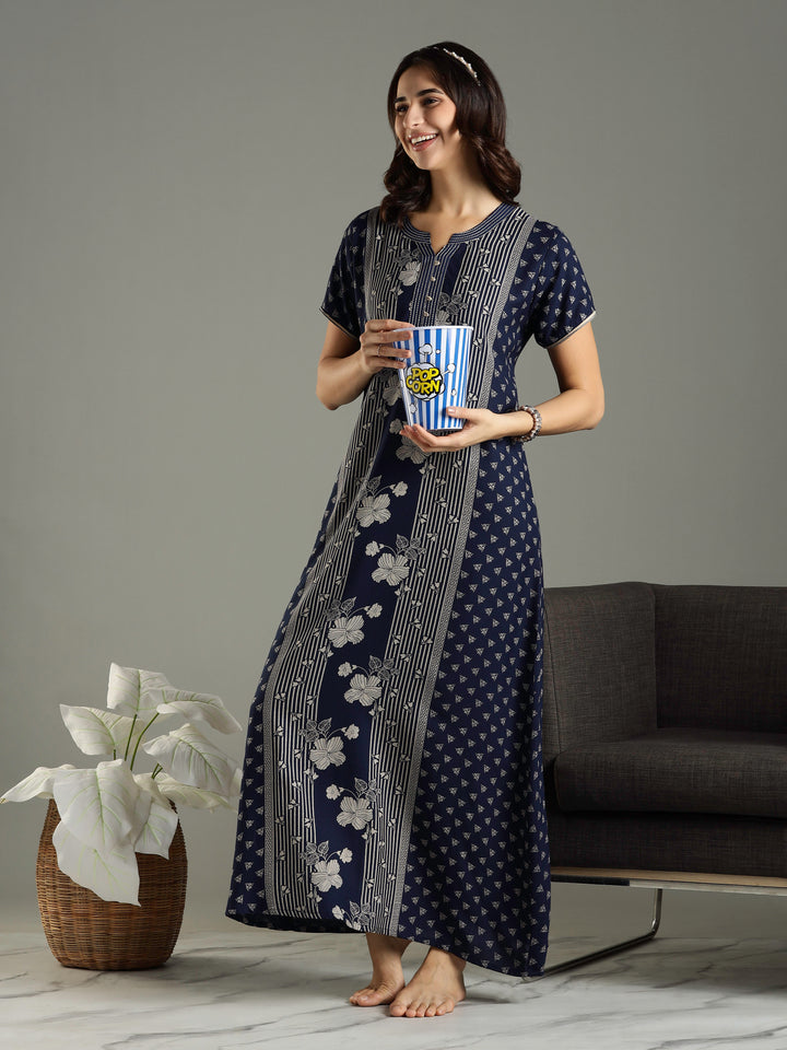 Navy Blue Floral Printed Alpine Designer Nighty for Women