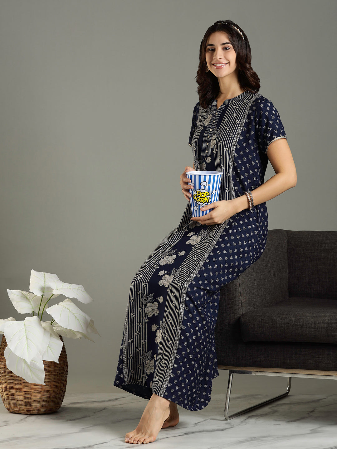 Navy Blue Floral Printed Alpine Designer Nighty for Women