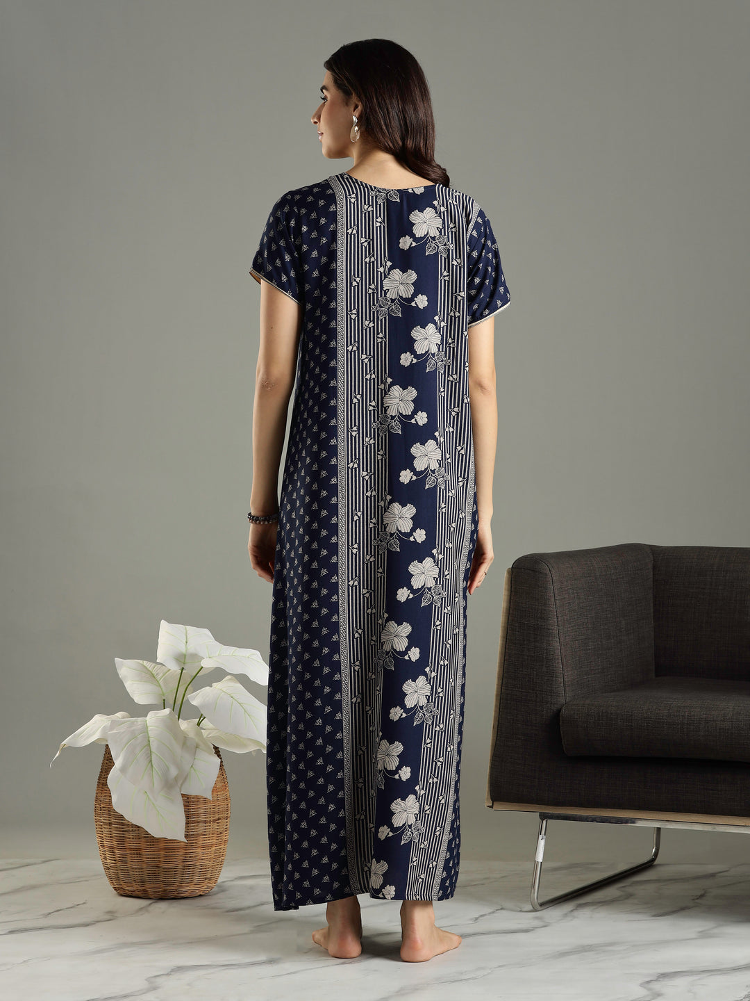 Navy Blue Floral Printed Alpine Designer Nighty for Women
