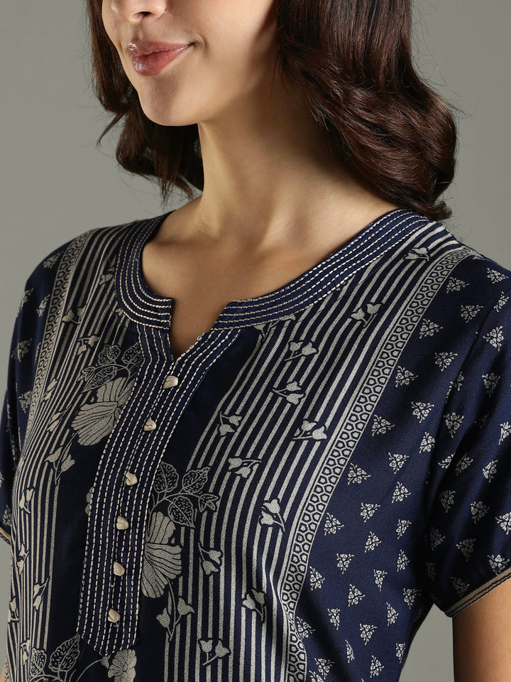 Navy Blue Floral Printed Alpine Designer Nighty for Women 
