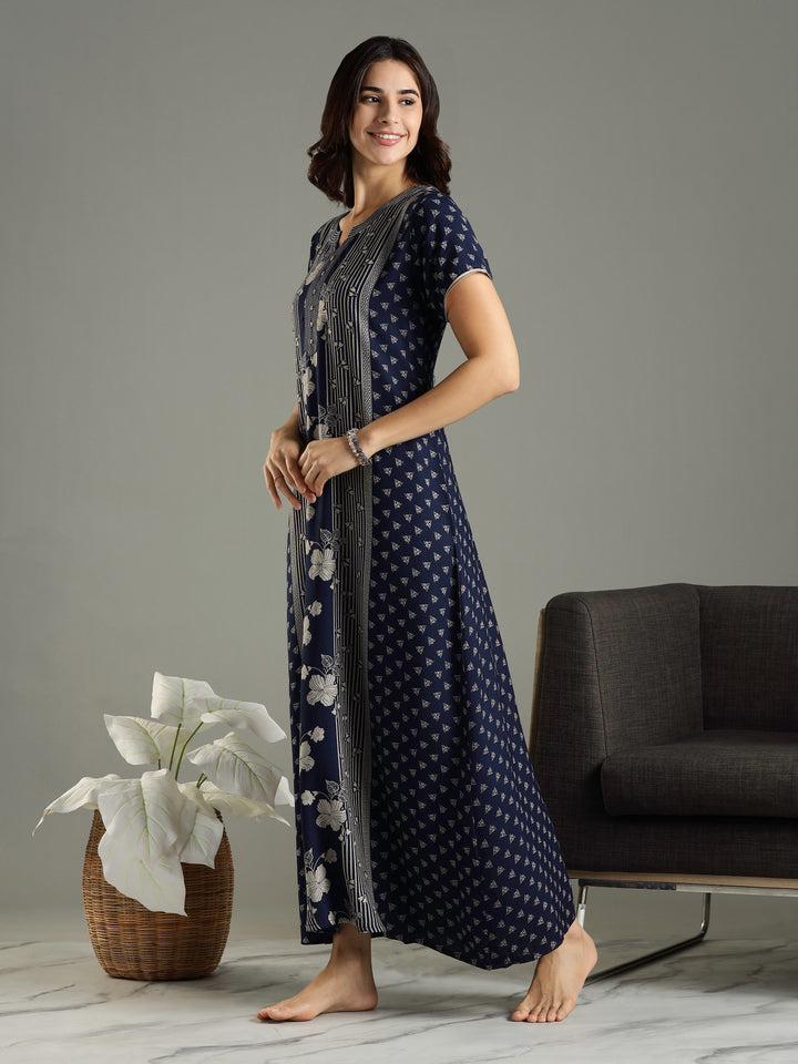 Navy Blue Floral Printed Alpine Designer Nighty for Women 