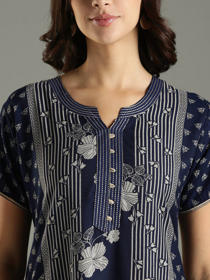 Navy Blue Floral Printed Alpine Designer Nighty for Women 