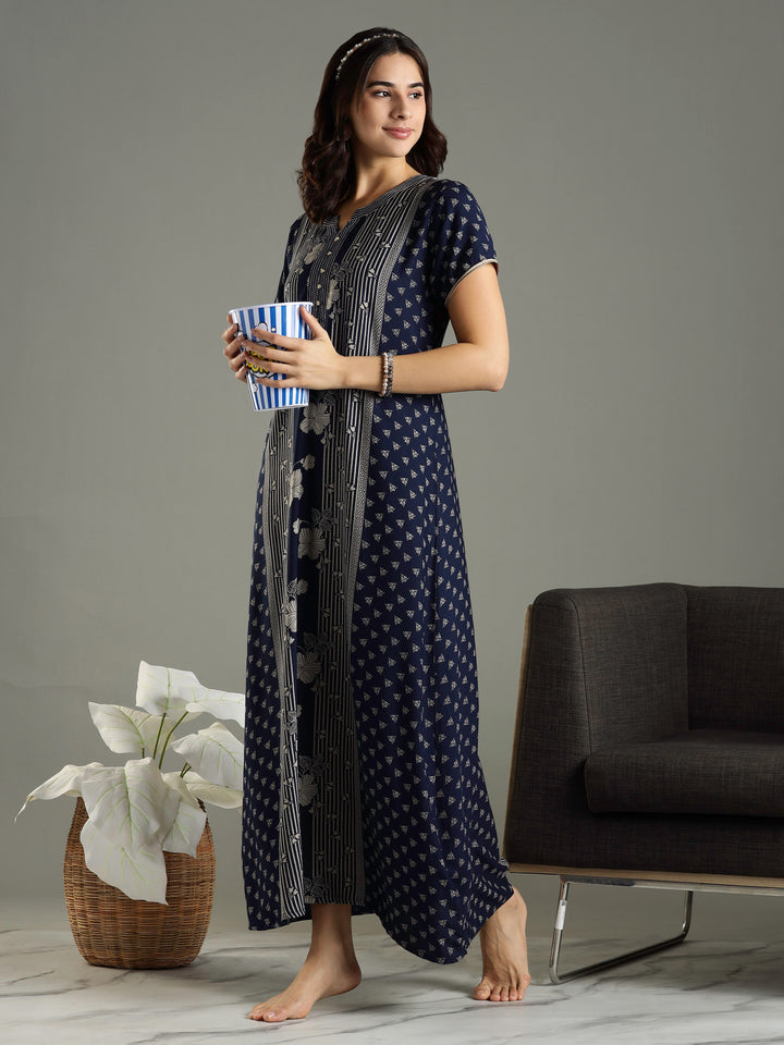 Navy Blue Floral Printed Alpine Designer Nighty for Women 