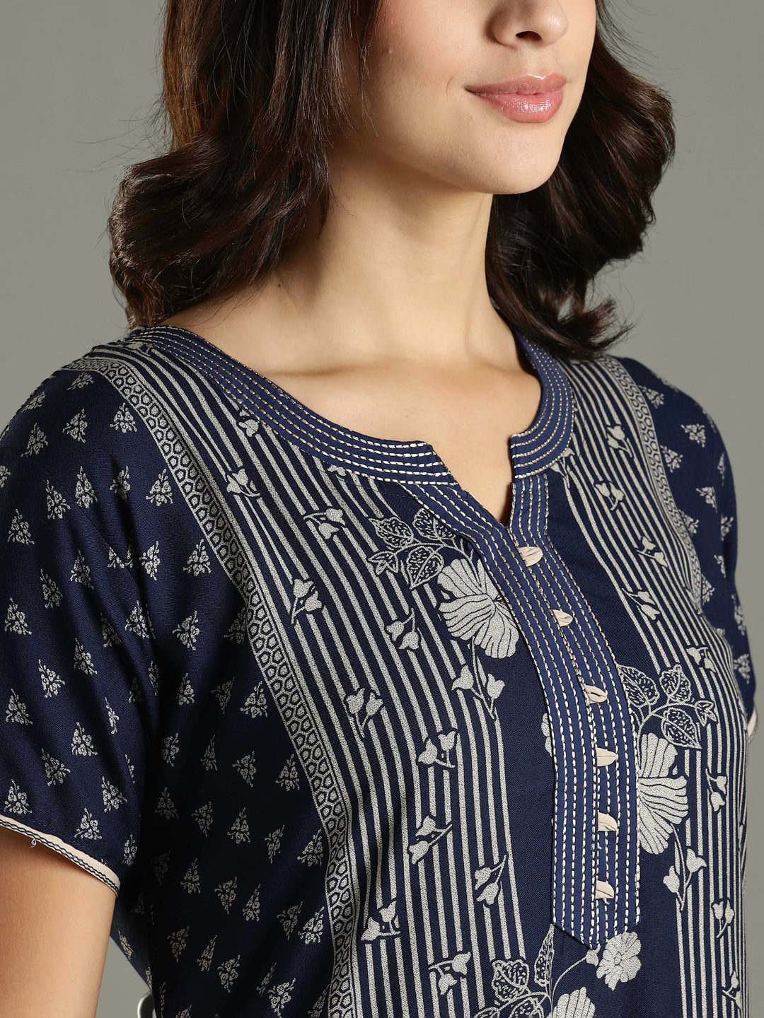 Navy Blue Floral Printed Alpine Designer Nighty for Women
