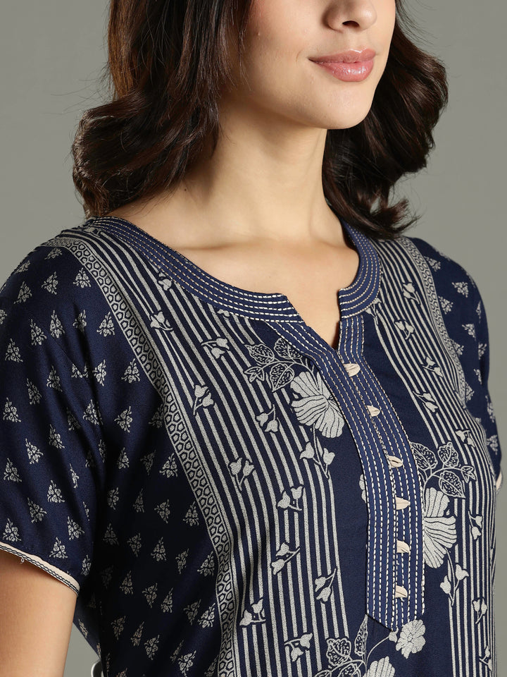 Navy Blue Floral Printed Alpine Designer Nighty for Women