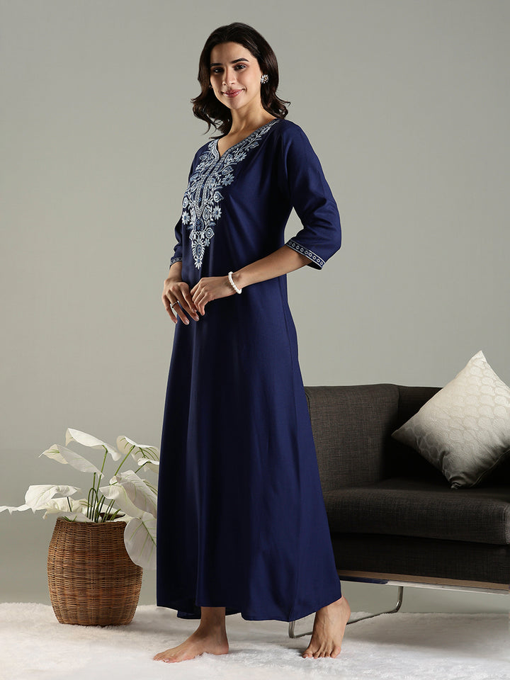 Navy Blue Embroidered Alpine Nighty for Women with Pocket