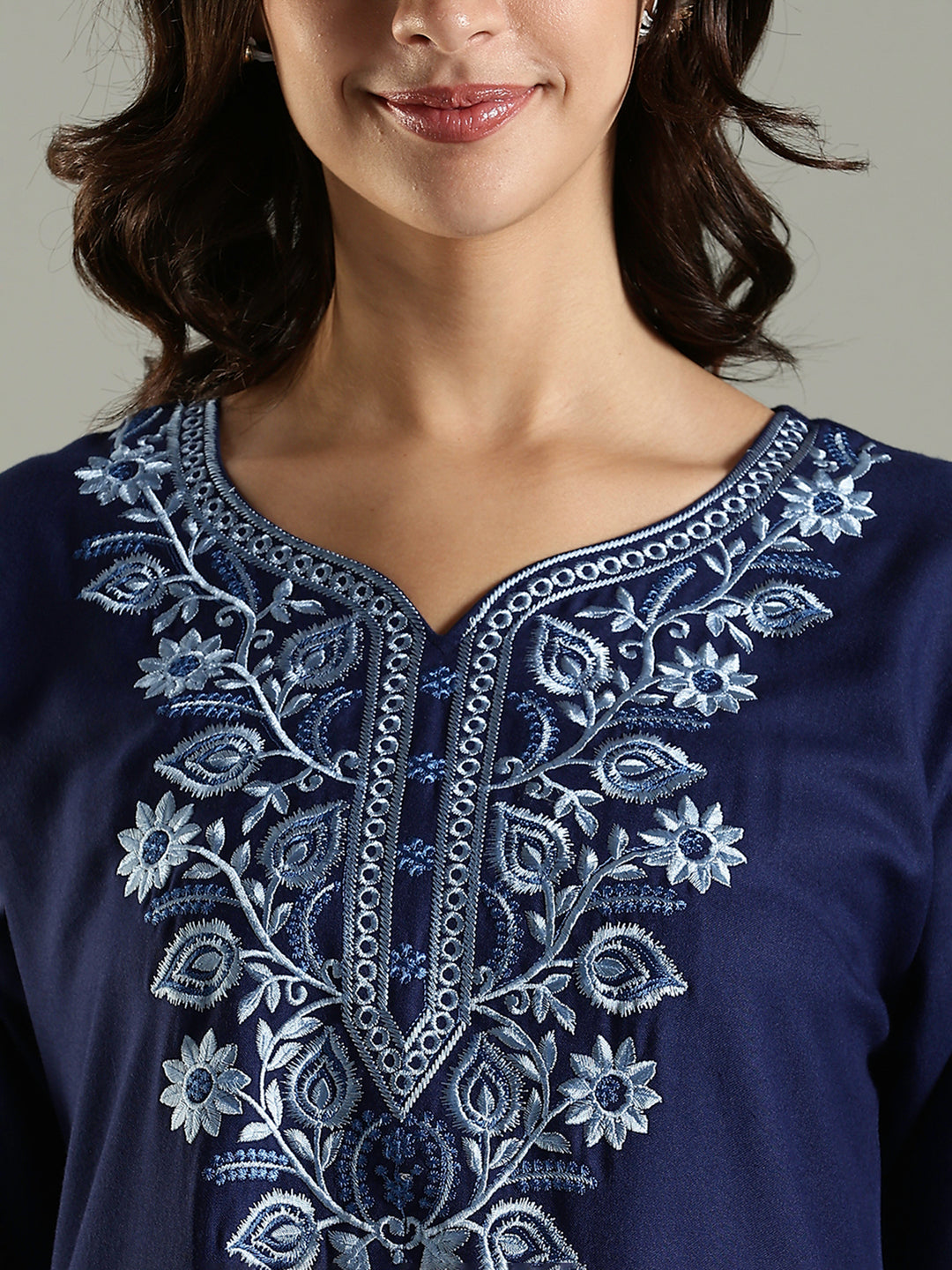 Navy Blue Embroidered Alpine Nighty for Women with Pocket