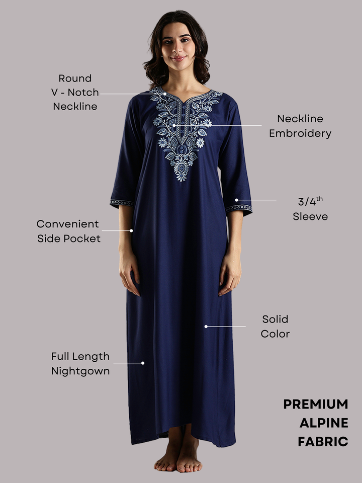Navy Blue Embroidered Alpine Nighty for Women with Pocket