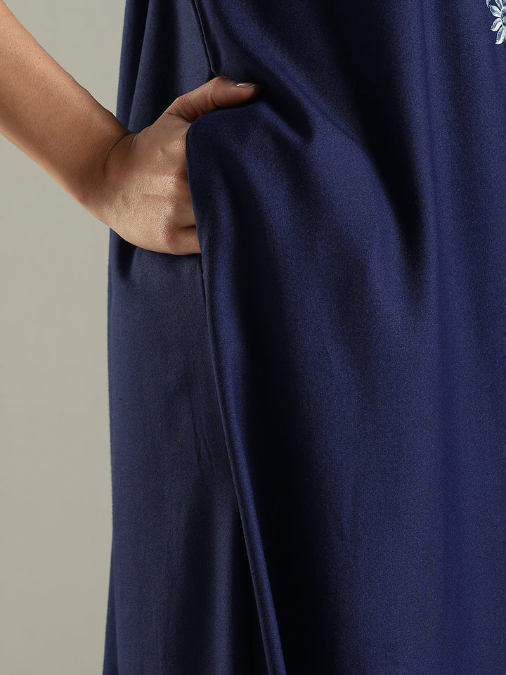 Navy Blue Embroidered Alpine Nighty for Women with Pocket