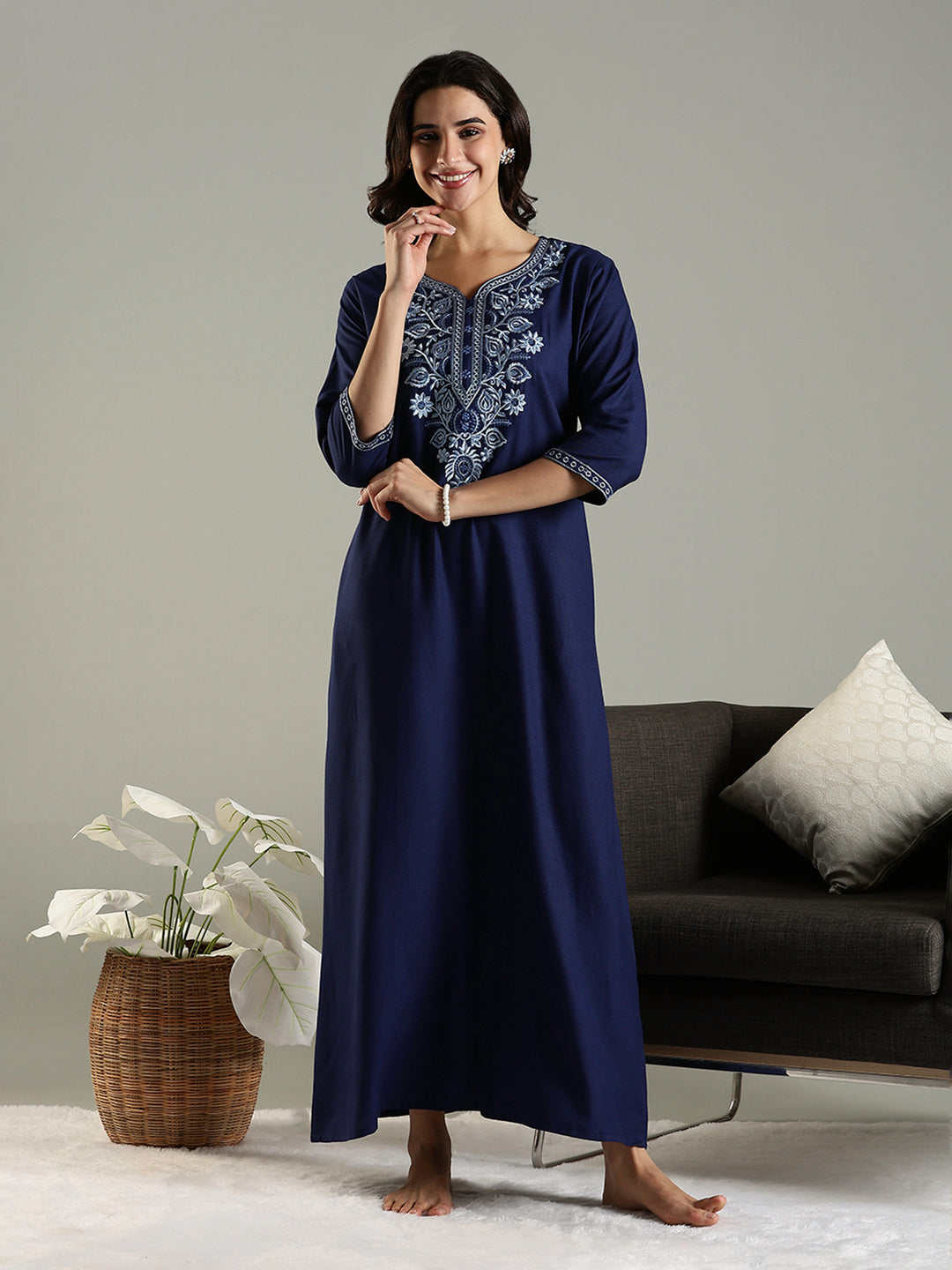 Navy Blue Embroidered Alpine Nighty for Women with Pocket