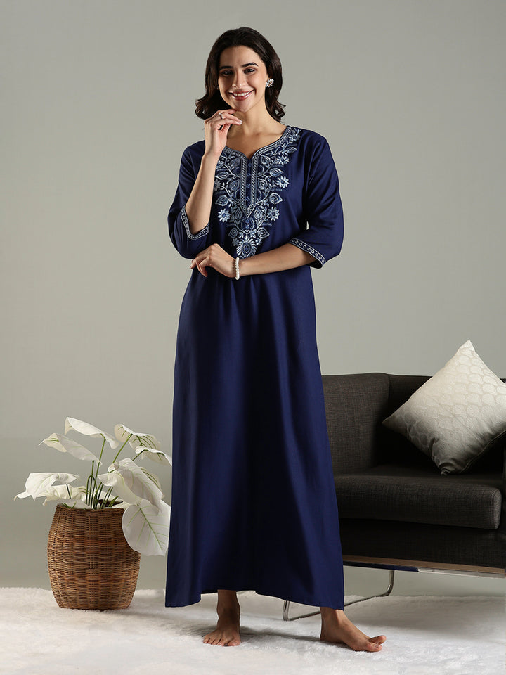 Navy Blue Embroidered Alpine Nighty for Women with Pocket