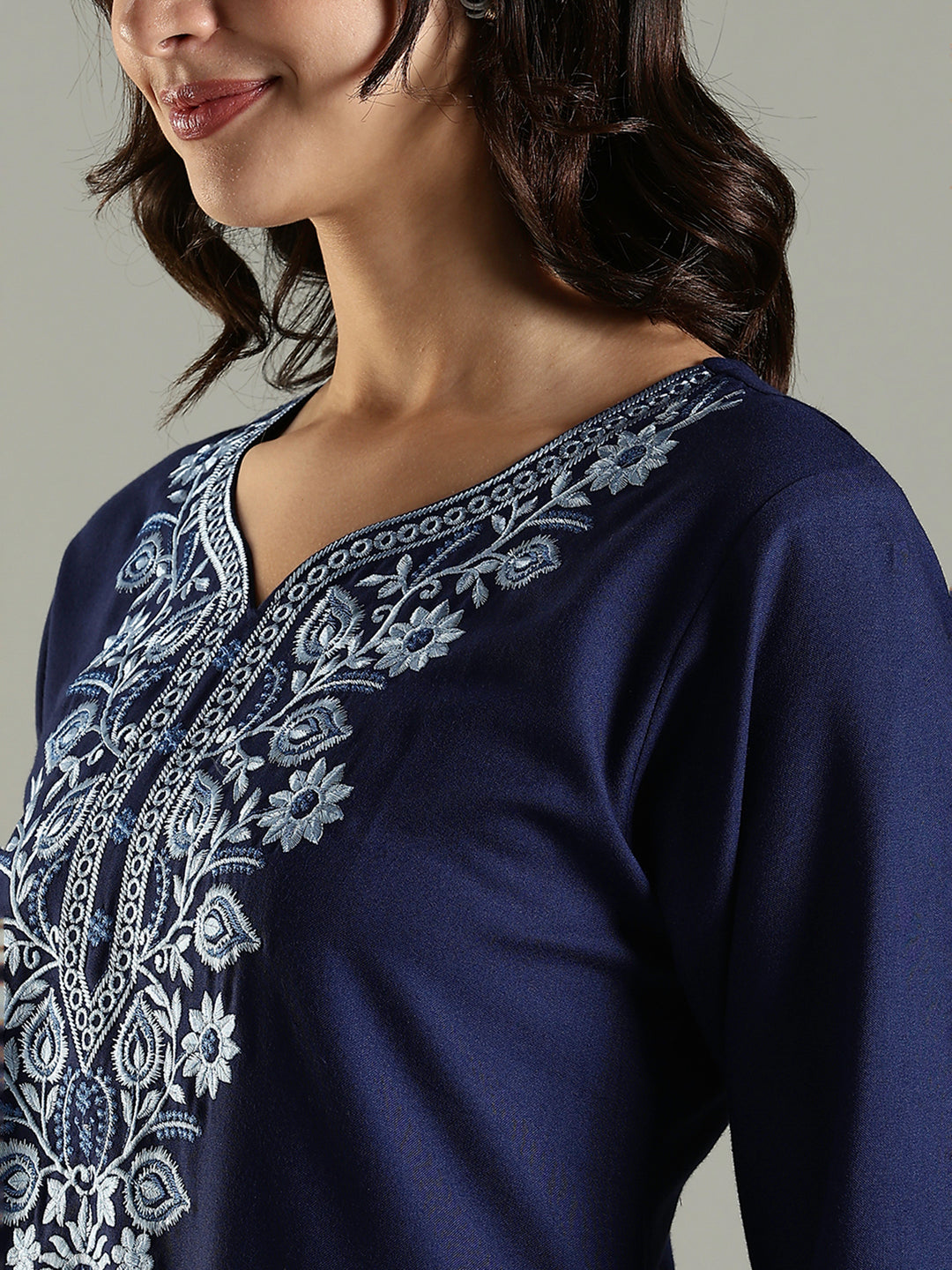 Navy Blue Embroidered Alpine Nighty for Women with Pocket