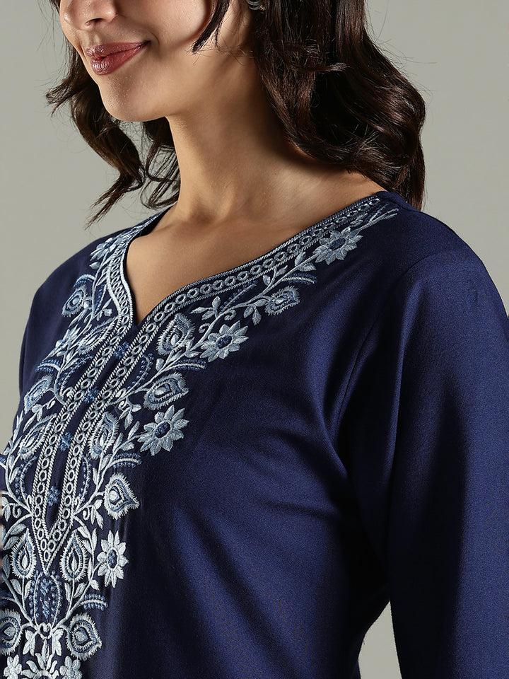 Navy Blue Embroidered Alpine Nighty for Women with Pocket