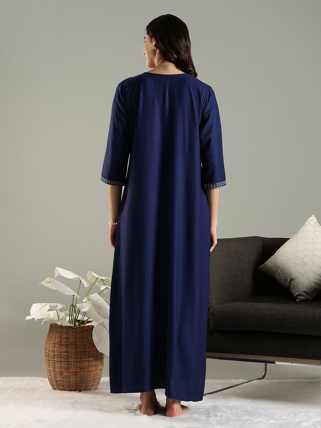 Navy Blue Embroidered Alpine Nighty for Women with Pocket