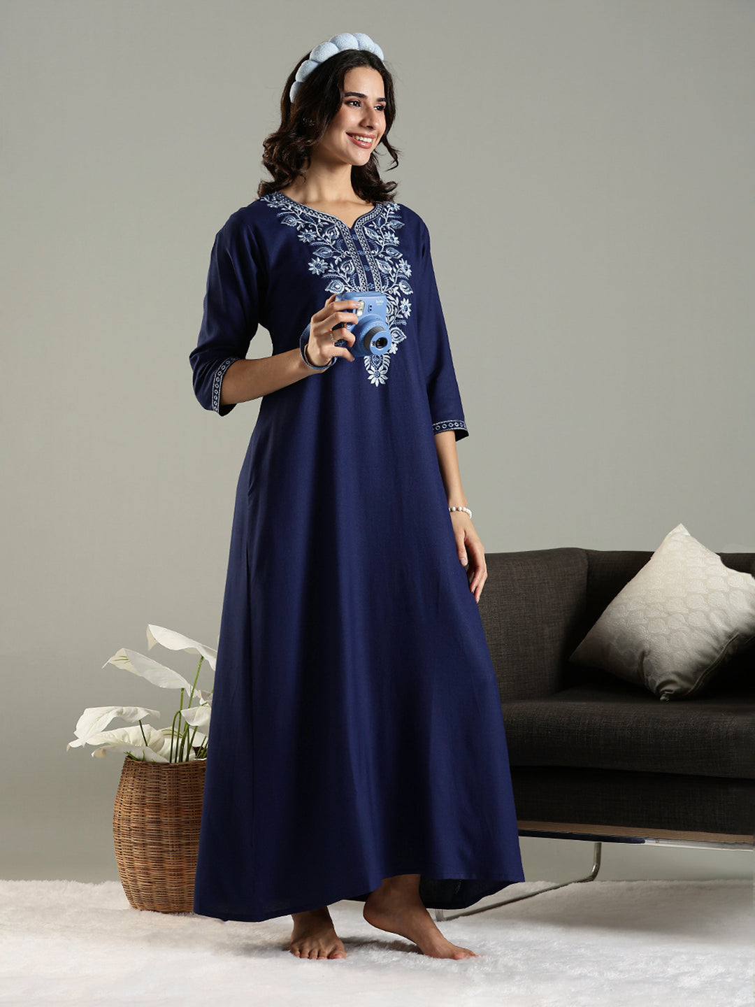 Navy Blue Embroidered Alpine Nighty for Women with Pocket