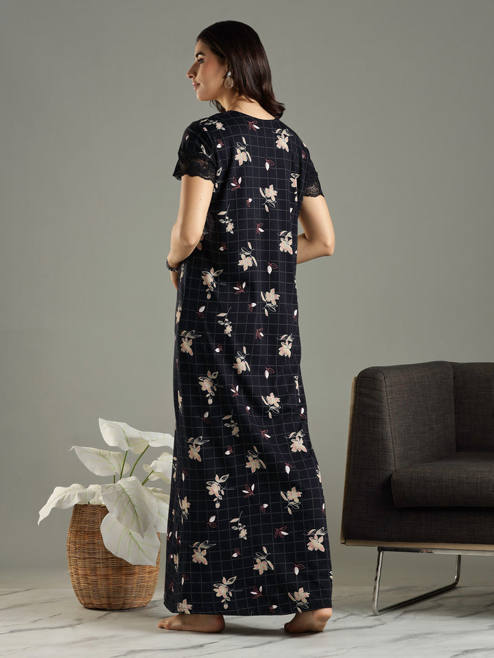 Hosiery Cotton Floral Navy Blue Front Zip Nighty For Women