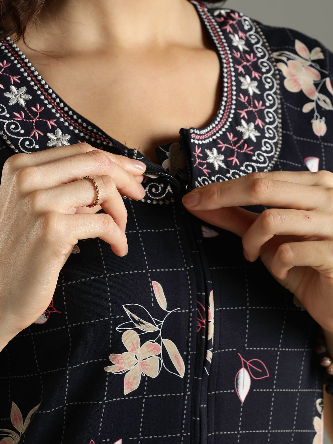 Hosiery Cotton Floral Navy Blue Front Zip Nighty For Women