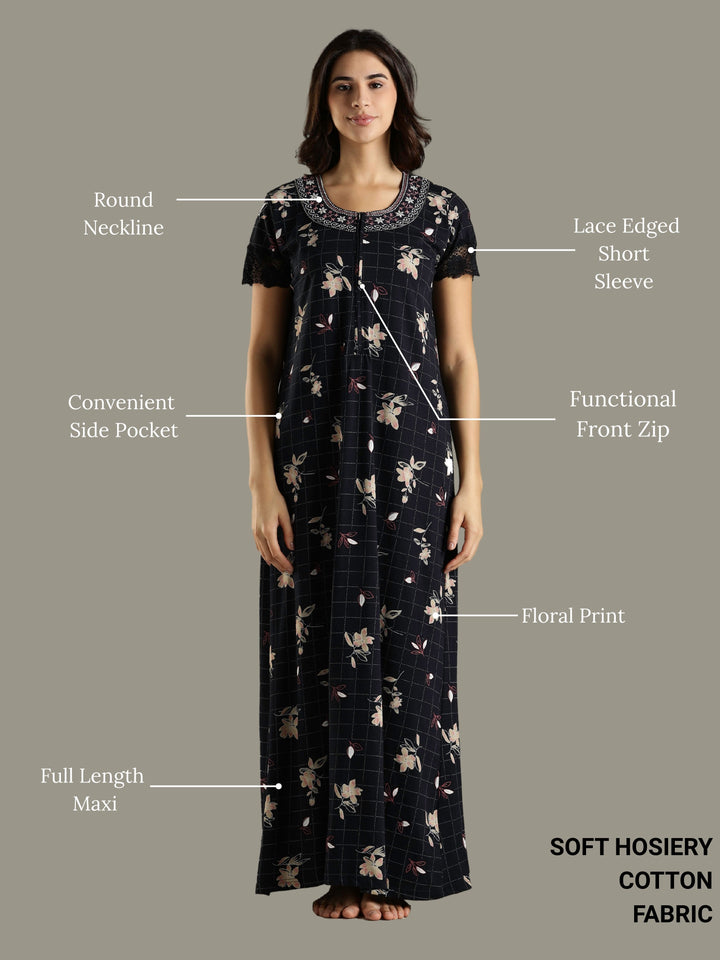 Hosiery Cotton Floral Navy Blue Front Zip Nighty For Women
