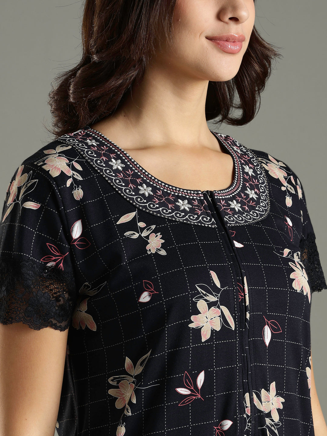 Hosiery Cotton Floral Navy Blue Front Zip Nighty For Women