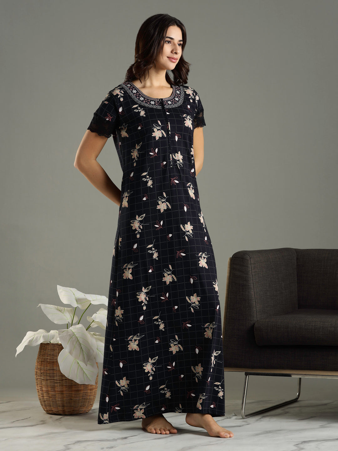 Hosiery Cotton Floral Navy Blue Front Zip Nighty For Women