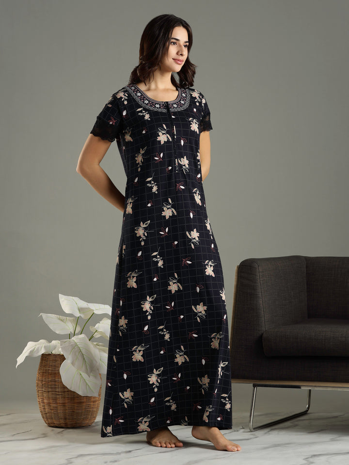 Hosiery Cotton Floral Navy Blue Front Zip Nighty For Women