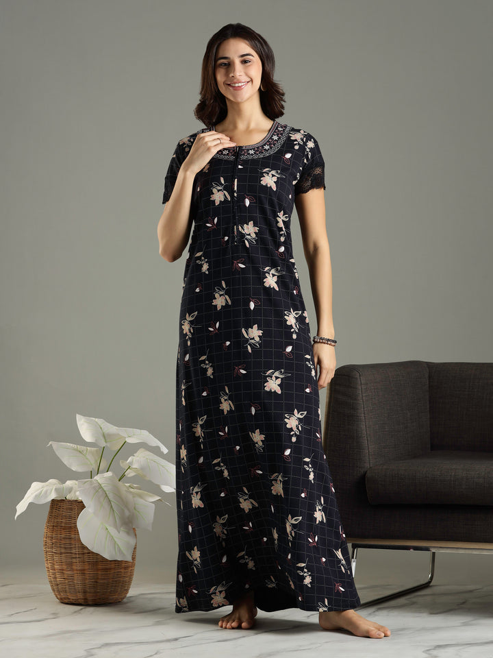 Hosiery Cotton Floral Navy Blue Front Zip Nighty For Women