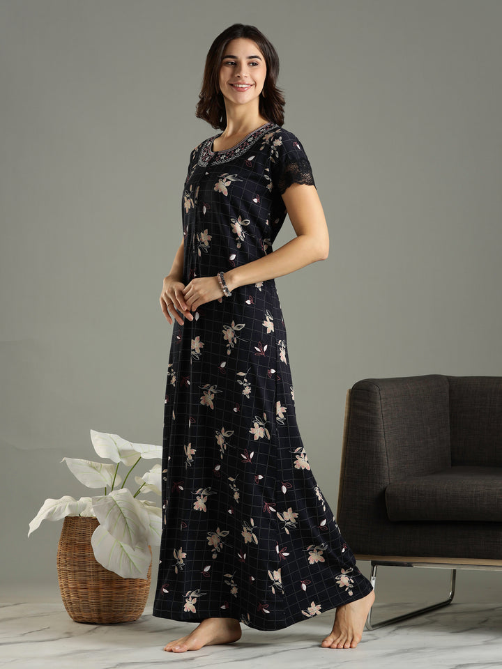 Hosiery Cotton Floral Navy Blue Front Zip Nighty For Women