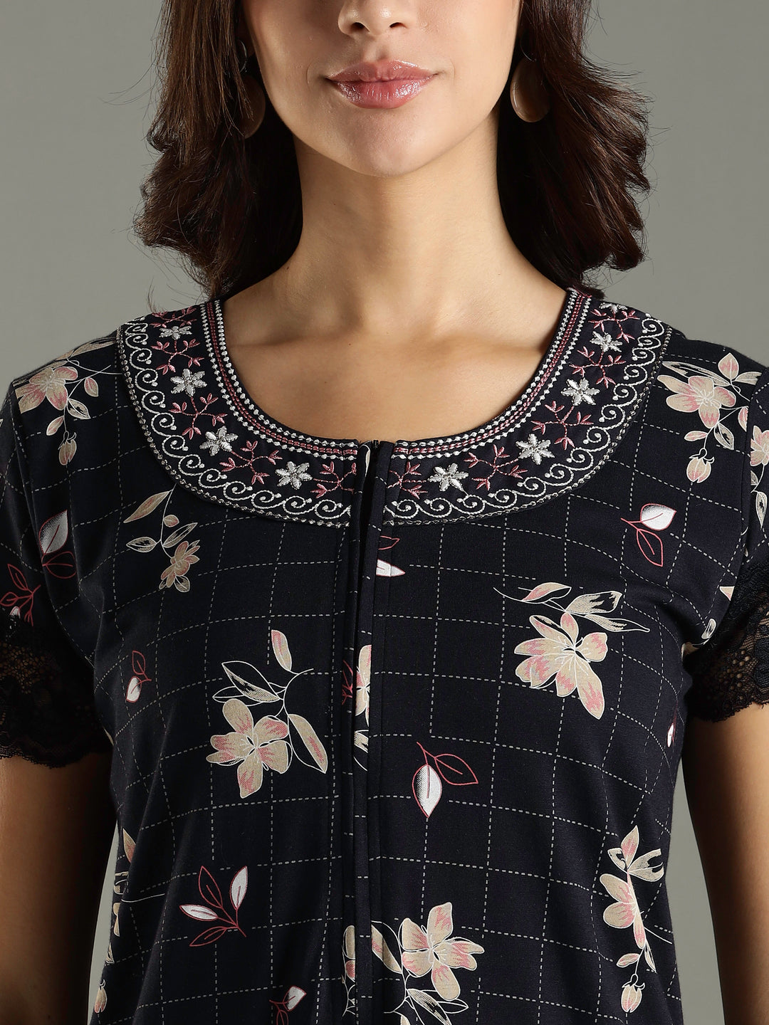 Hosiery Cotton Floral Navy Blue Front Zip Nighty For Women