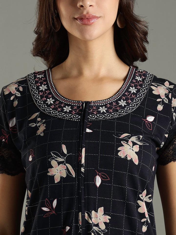 Hosiery Cotton Floral Navy Blue Front Zip Nighty For Women
