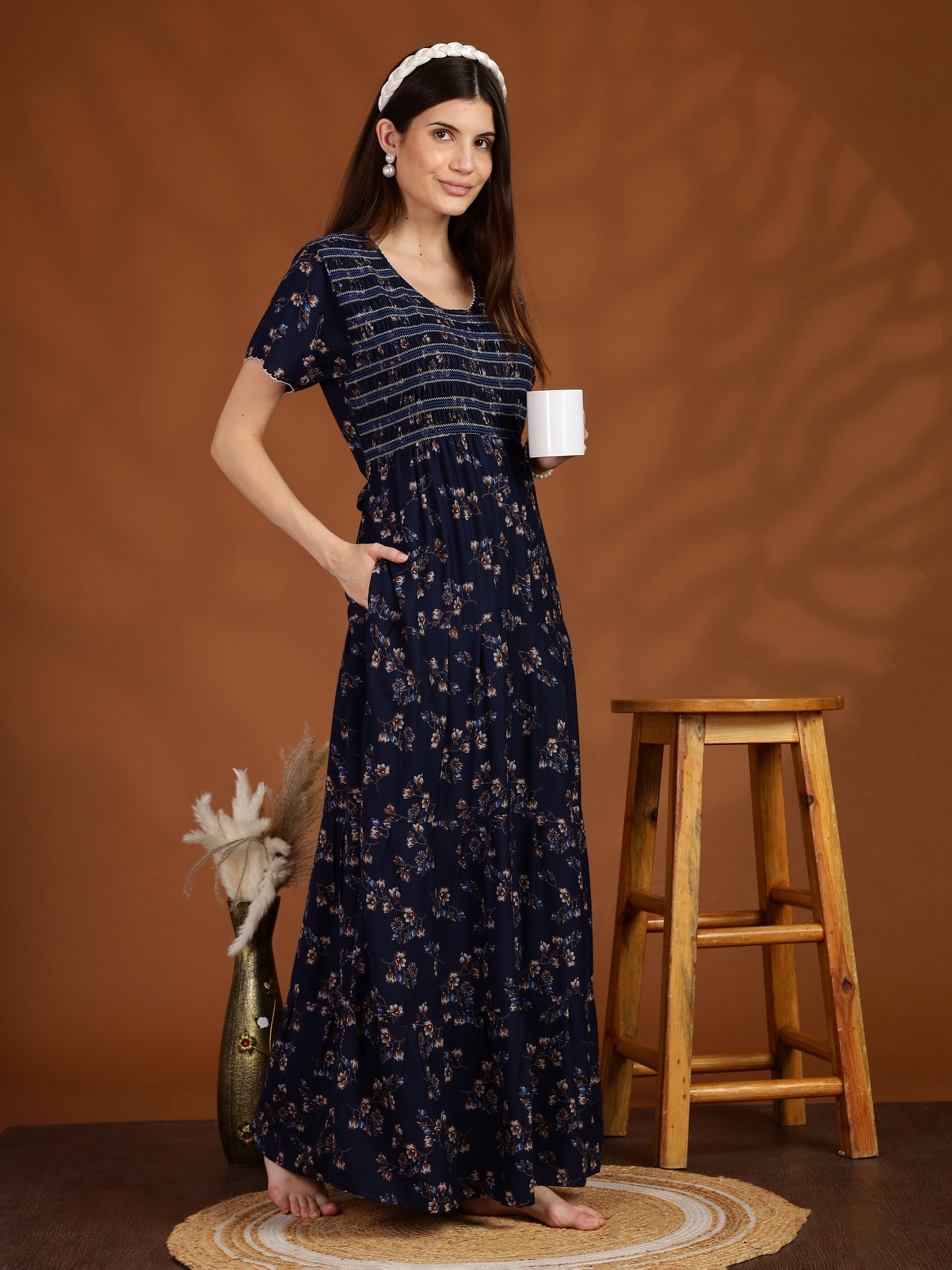 Shop Navy Blue Floral Branded Maxi Nighty Dress for Women – 9shines label