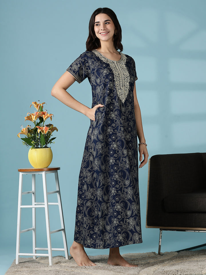 Royal Navy Blue Jaipuri Pure Cotton Nighty for Women