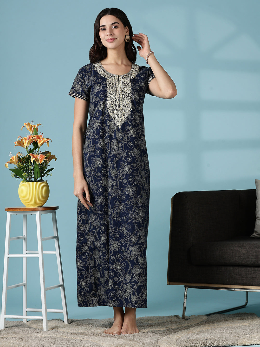 Royal Navy Blue Jaipuri Pure Cotton Nighty for Women