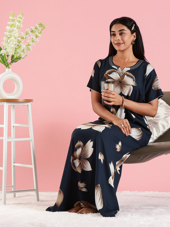 Summer Wear Navy Blue Rayon Fabric Floral Nighty for Women