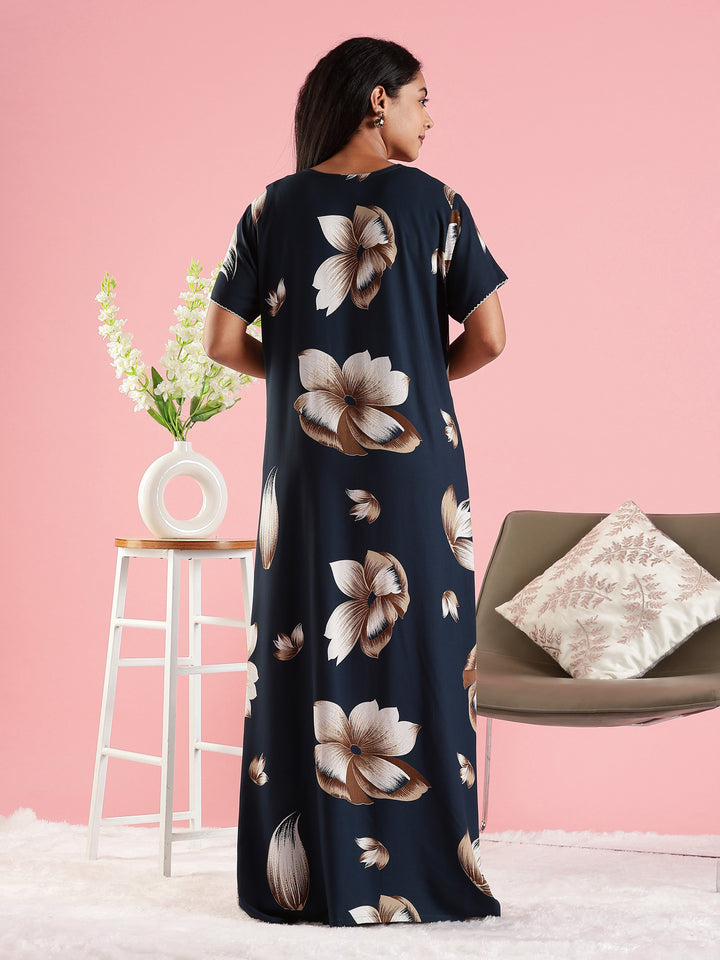 Summer Wear Navy Blue Rayon Fabric Floral Nighty for Women