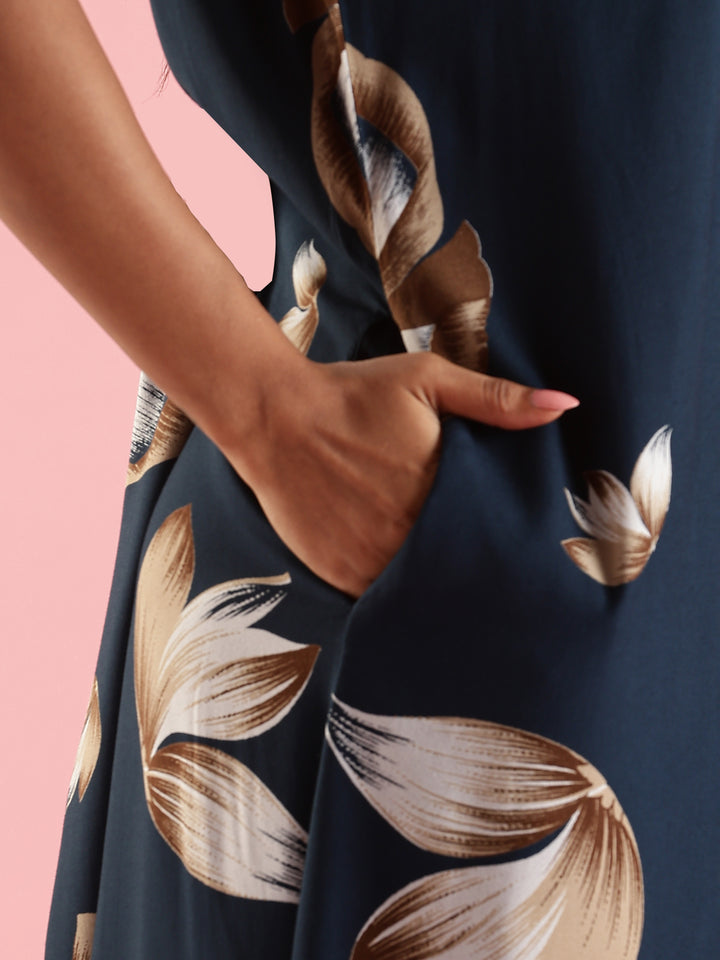 Summer Wear Navy Blue Rayon Fabric Floral Nighty for Women