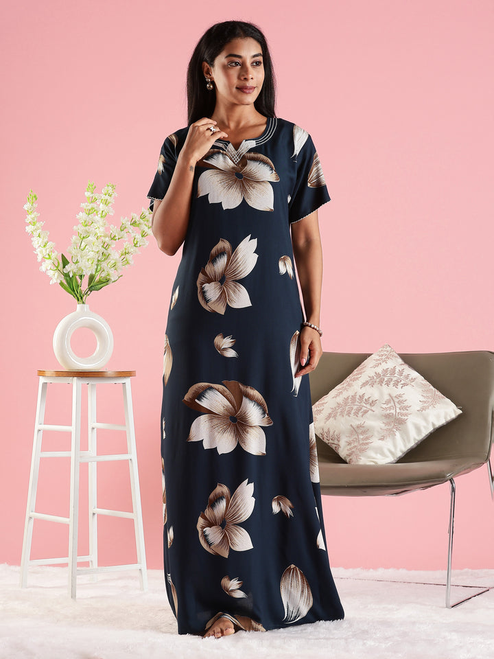 Summer Wear Navy Blue Rayon Fabric Floral Nighty for Women