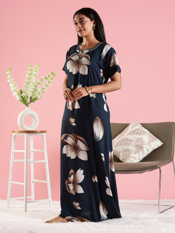 Summer Wear Navy Blue Rayon Fabric Floral Nighty for Women