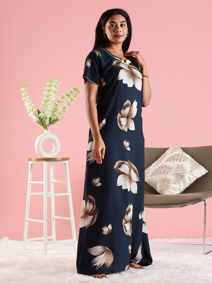 Summer Wear Navy Blue Rayon Fabric Floral Nighty for Women