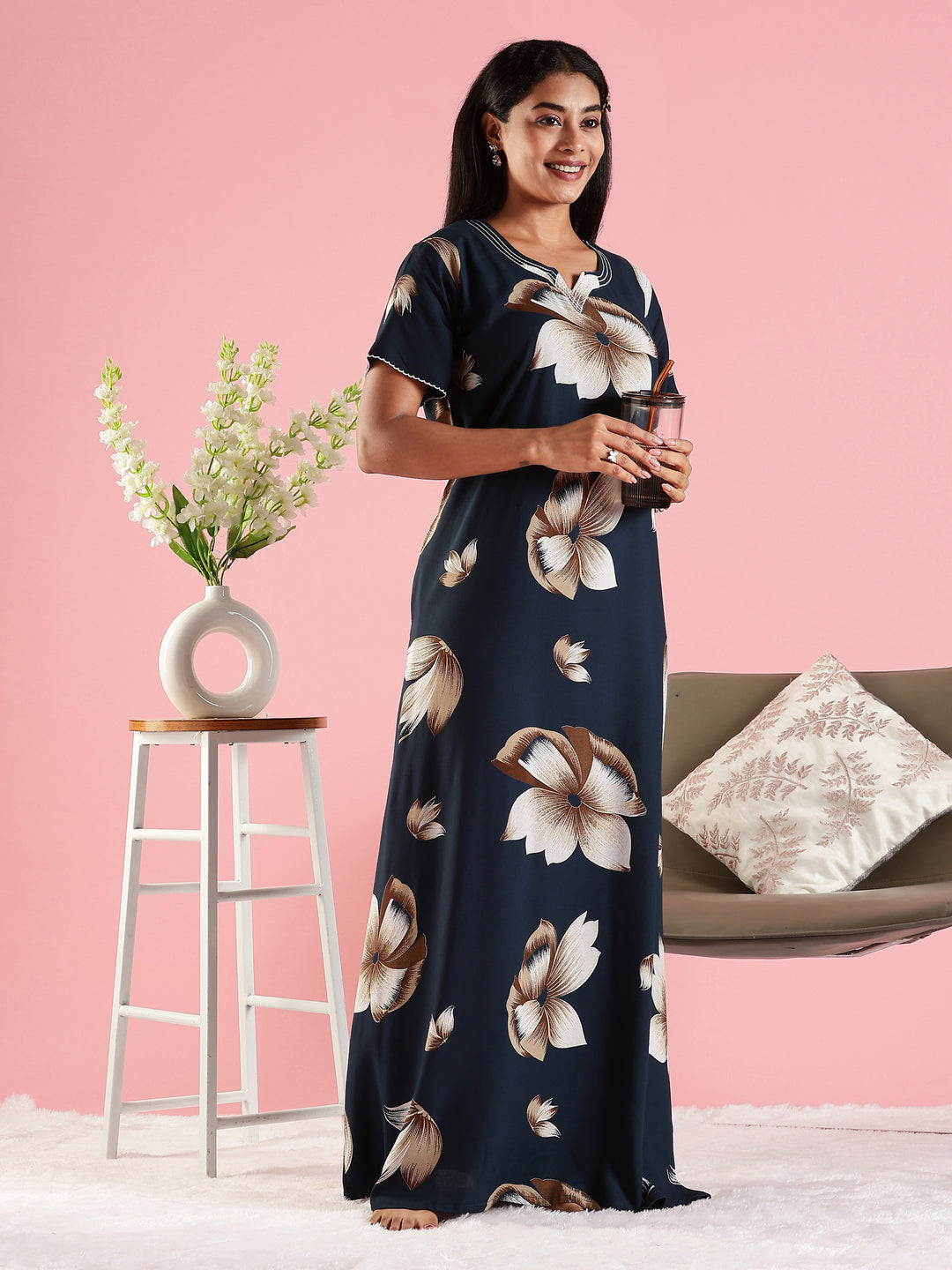 Summer Wear Navy Blue Rayon Fabric Floral Nighty for Women