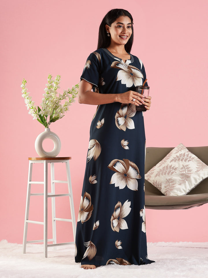 Summer Wear Navy Blue Rayon Fabric Floral Nighty for Women