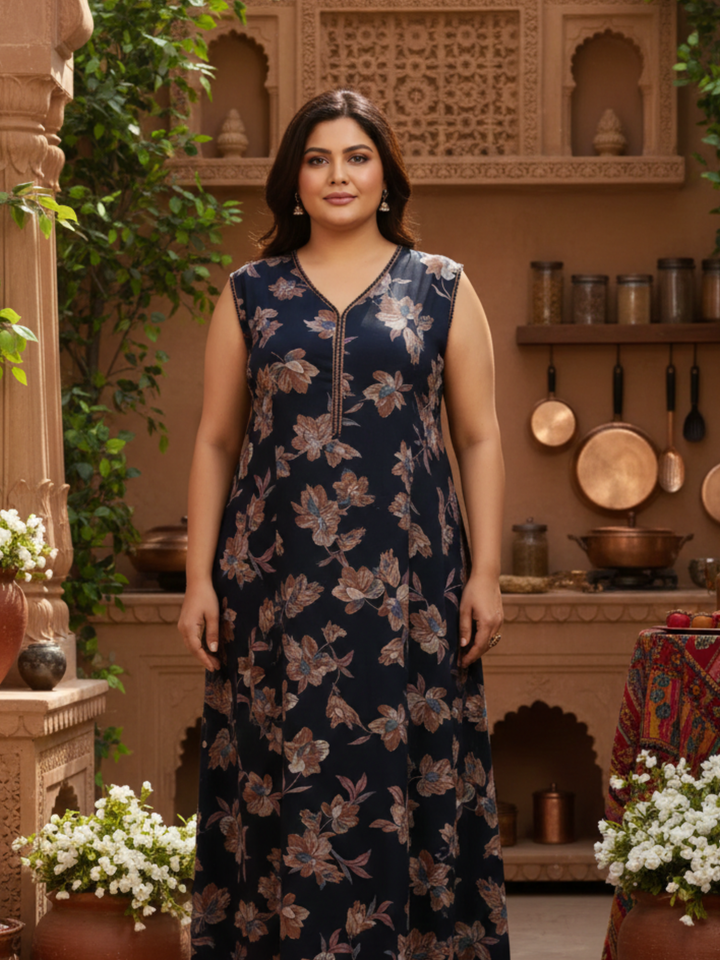 Navy Blue Floral Sleeveless Nighty for Women