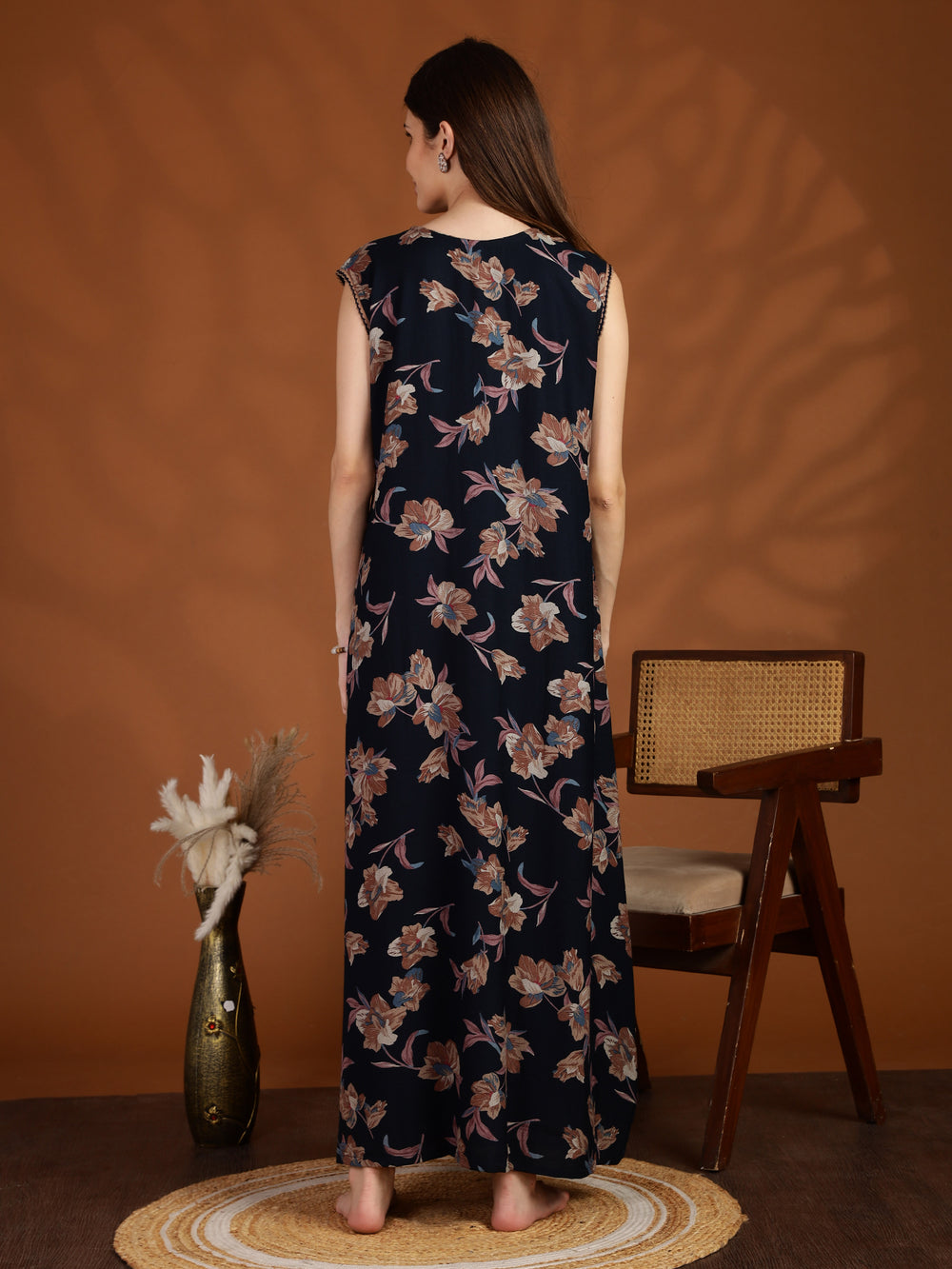 Navy Blue Floral Sleeveless Nighty for Women