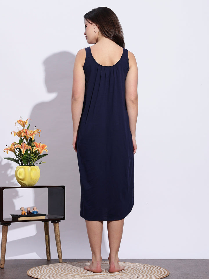 Hosiery Cotton Navy Blue Best Sleeveless Nighty for Women