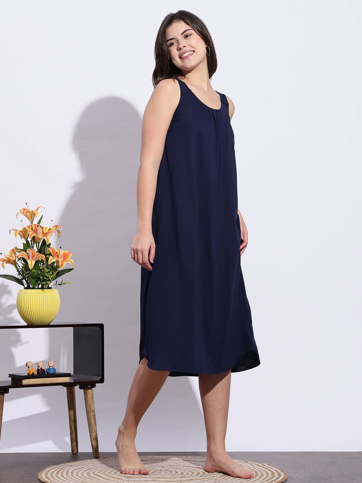 Hosiery Cotton Navy Blue Best Sleeveless Nighty for Women